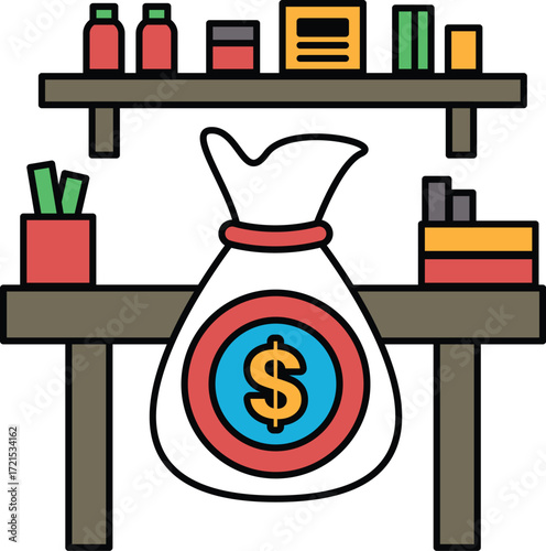 A white bag with a dollar sign on it sits on a desk