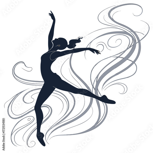 Rhythmic gymnast vector silhouette with teal ribbons