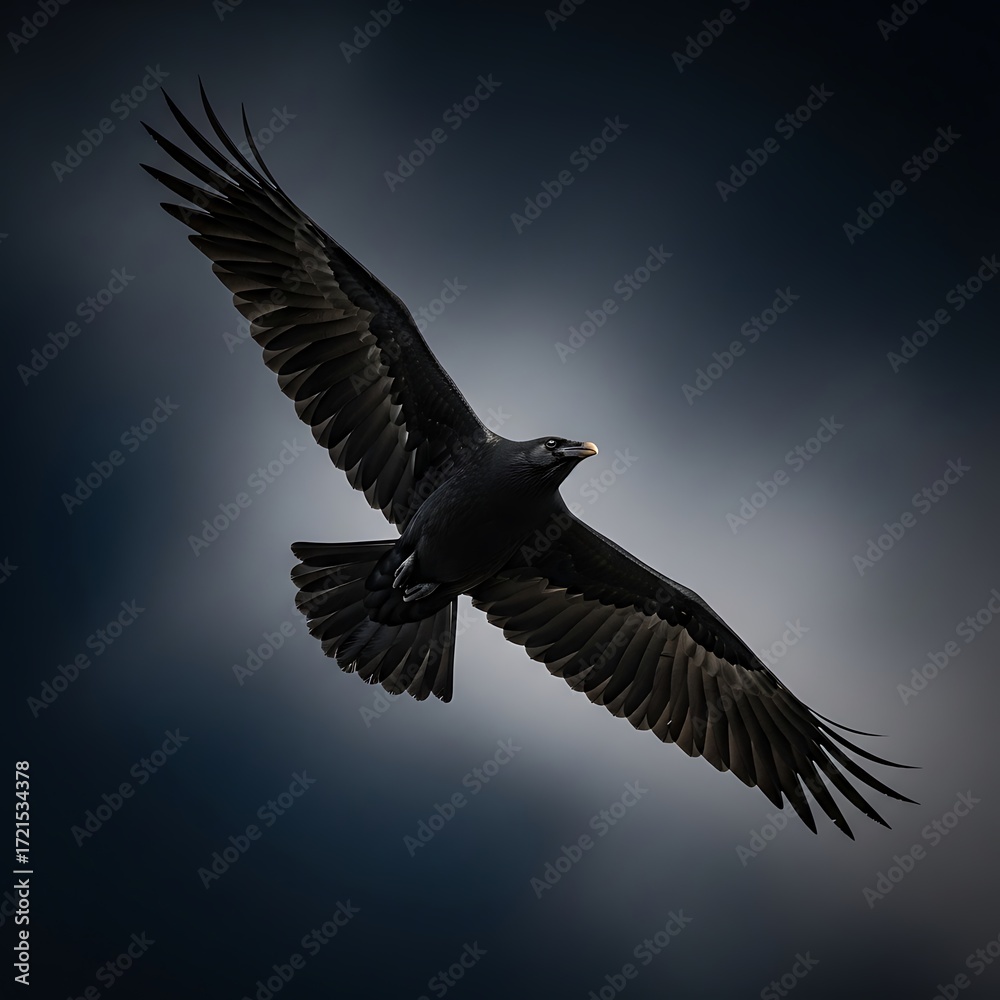 Obraz premium Raven in Flight Against a Dark Sky.
