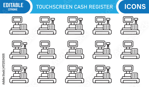 Line art POS device illustrations for payment systems and cashier counters.