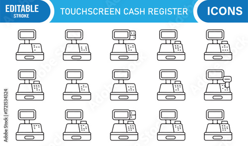 Editable outline cash register vector icons for store checkout machines.