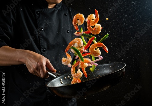 Chef Tossing Shrimp and Vegetables in Pan – Dynamic Cooking Action on Dark Background