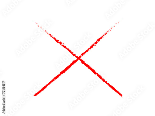 Hand drawn cross icon with red marker pen. Red x sign draw with brush effect. Red cross mark, wrong sign, cancel, rejection sign. Vector illustration.