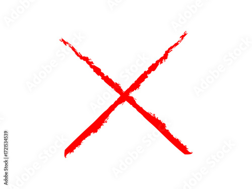 Hand drawn cross icon with red marker pen. Red x sign draw with brush effect. Red cross mark, wrong sign, cancel, rejection sign. Vector illustration.