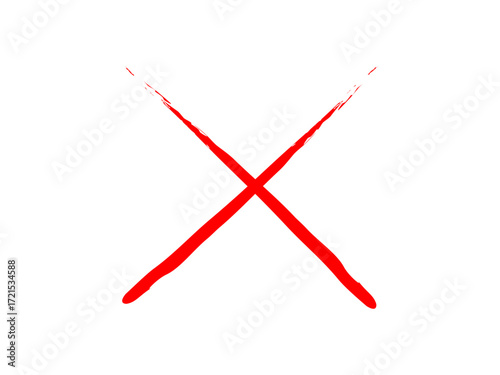Hand drawn cross icon with red marker pen. Red x sign draw with brush effect. Red cross mark, wrong sign, cancel, rejection sign. Vector illustration.