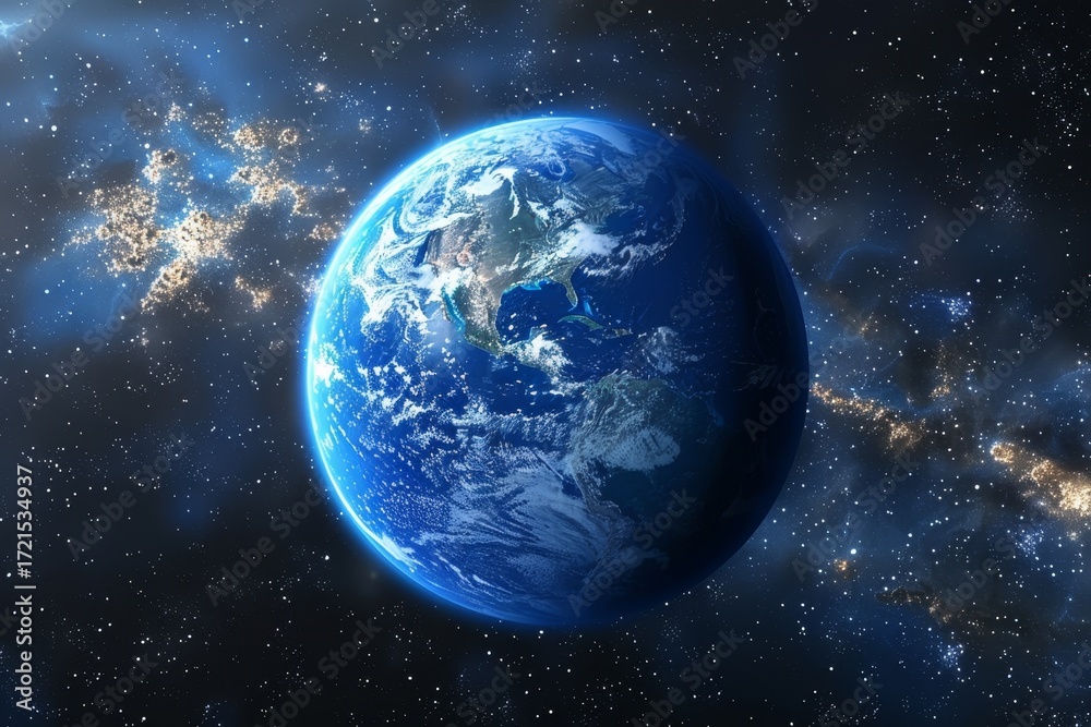 Obraz premium Stunning earth planet depicted with a vibrant blue atmosphere against a cosmic background