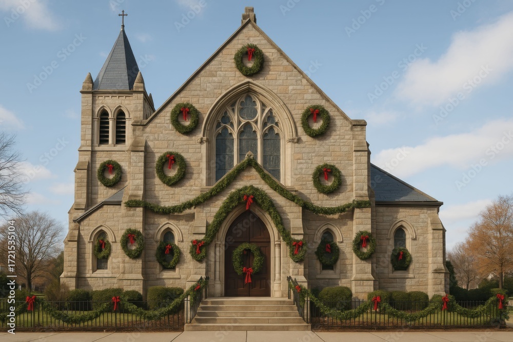 Fototapeta premium Stone Church Decorated for Christmas.