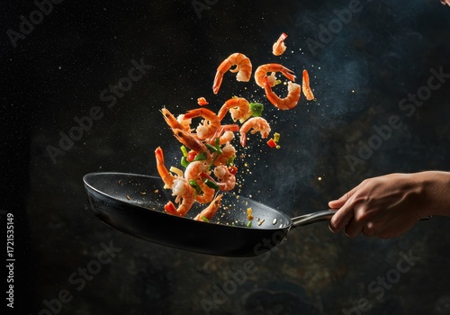 Foto Chef Tossing Shrimp and Vegetables in Pan – Dynamic Cooking Action on Dark Backg