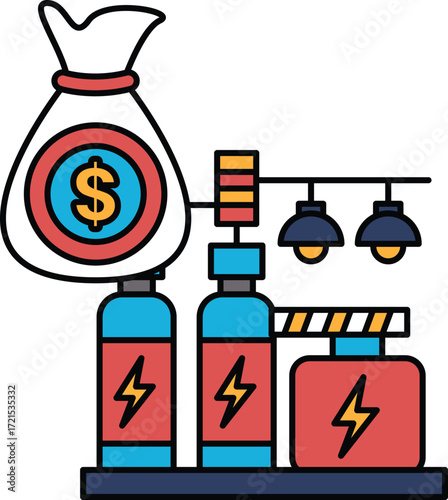 A black and white drawing of a bag with a dollar sign on it