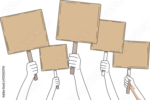 Diverse hands hold blank protest signs, symbolizing collective voice and activism