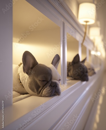 Three French bulldogs rest peacefully in cozy alcoves, bathed in soft light.