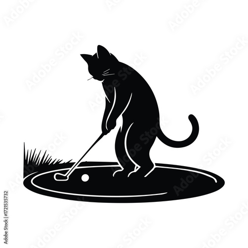 Black cat playing golf on a putting green silhouette