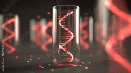 Modern representation of DNA structure in a glass tube with glowing red strands illuminated in a dark background