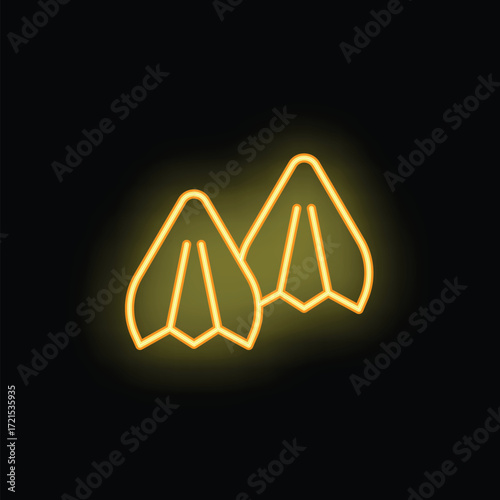 Neon sign showing a pair of yellow flippers glowing on black background