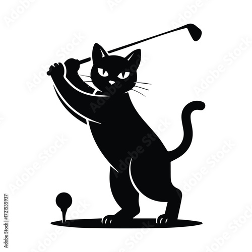 Black cat in silhouette swinging a golf club on a tee box silhouette