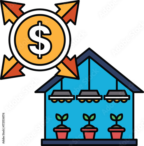 A dollar sign is above a house with a bunch of plants in it