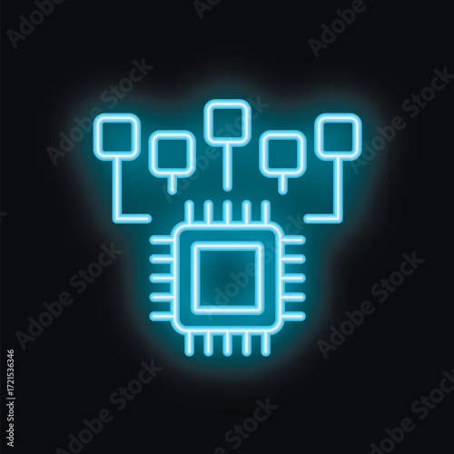 Neon blue illustration of a cpu microchip with multiple devices connected to it, representing processing power and data management