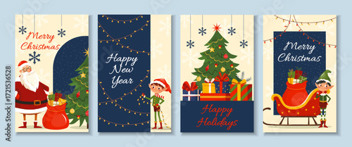 Set of winter holidays cards with Santa Claus, red sleigh full of gifts and cheerful elf Festive vector templates with cartoon characters Cute kids design for print, flyer, banner Merry Christmas 2026