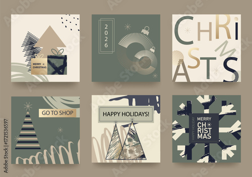 A set of Christmas and New Year cards in muted, festive colors. Illustrations for backgrounds, greeting cards, party invitations, banners, and social media. Strokes and geometric shapes. Vector 