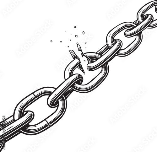 Breaking Chain Freedom Slavery Hand-drawn Vector Illustration, Sketch Drawing Doodle Line Linear Symbol Icon Engraving Coloring Book, Black and White Isolated