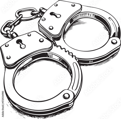 Handcuffs Arrest Criminal Hand-drawn Vector Illustration, Sketch Drawing Doodle Line Linear Symbol Icon Engraving Coloring Book, Black and White Isolated
