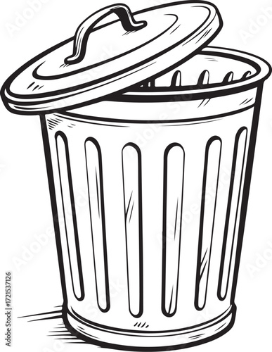Trash Bin Waste Dumpster Garbage Hand-drawn Vector Illustration, Sketch Drawing Doodle Line Linear Symbol Icon Engraving Coloring Book, Black and White Isolated