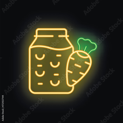 Neon sign representing a glass jar containing carrot juice and a carrot aside, isolated on black background