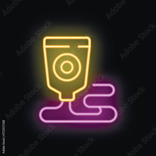 Neon glowing icon of a blood bag donating blood for transfusion