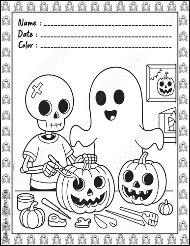 Spooky Cutie Bold & Easy Coloring Page with Cute Animals for Adults and Kid. High resolution (300 DPI), Ready to print on standard 8.5x11-(A4) inch paper With (No Bleed), Black and White. Vector illus