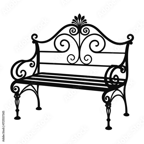 Ornate Wrought Iron Bench Silhouette with Decorative Scrolls and Curlicues Design
