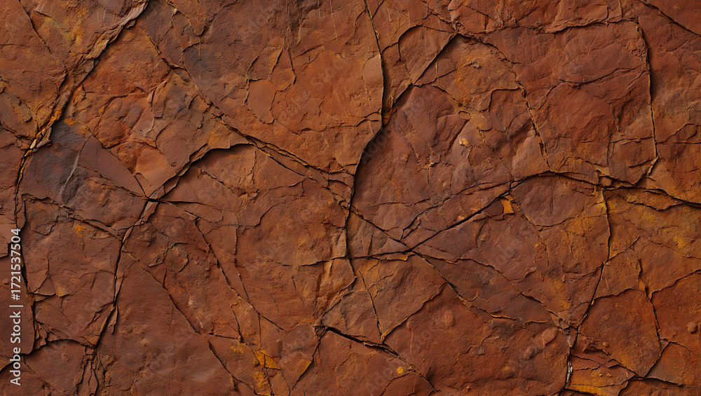 Fototapeta premium Close up of cracked and textured brown rock surface with visible fissures and rough appearance
