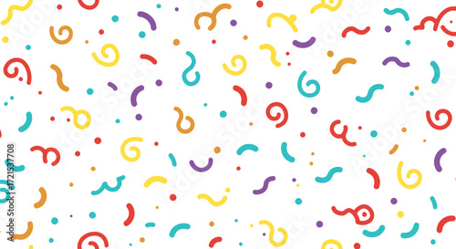 A vibrant and playful seamless pattern of colorful confetti and streamers scattered across a clean, perfect for festive celebrations and party invitations