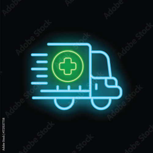 Neon ambulance truck rushing to provide medical assistance