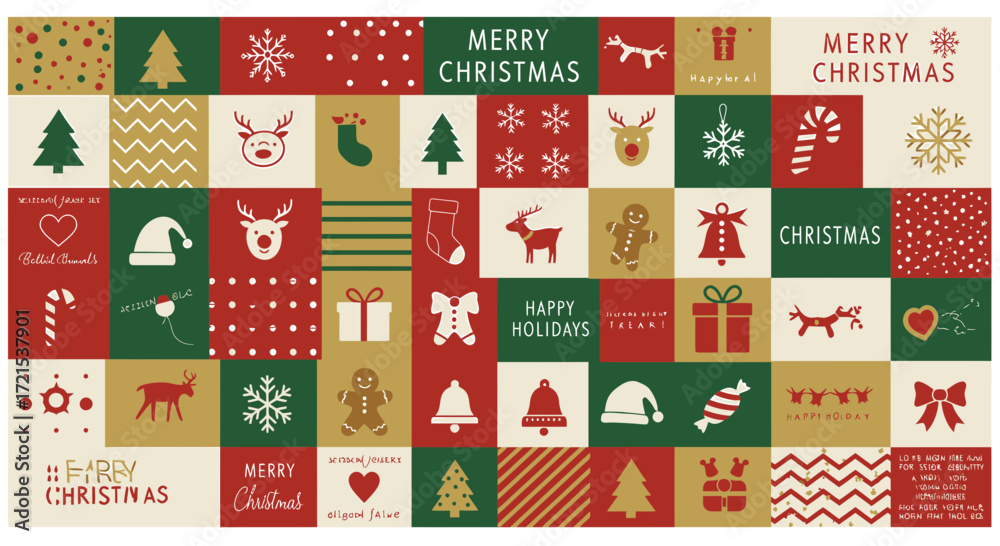 Fototapeta premium Festive Merry Christmas and Happy Holidays pattern with traditional symbols and greetings, in a rich color palette of red, green, and gold