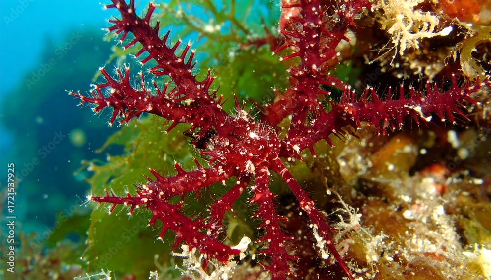 Fototapeta premium Bright red, spiny sea creature amidst coral and seaweed