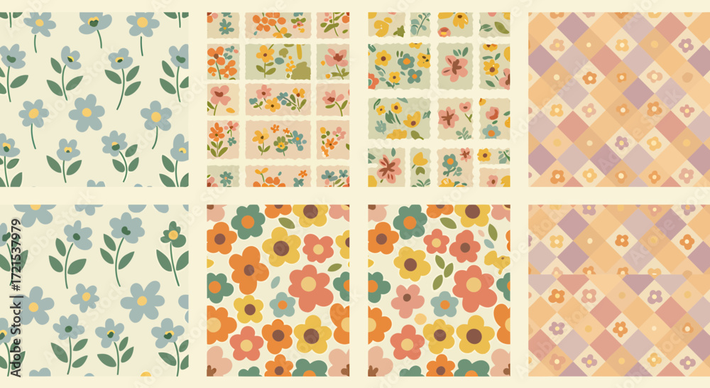 Fototapeta premium A collection of four seamless floral patterns and geometric designs in a retro, pastel color palette, featuring delicate blue flowers, vibrant retro flowers, and a checkerboard of diamond shapes