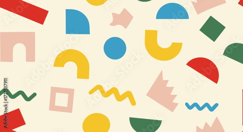 A vibrant and playful abstract pattern featuring a variety of colorful geometric shapes and organic forms scattered across a light cream background, creating a whimsical and modern design