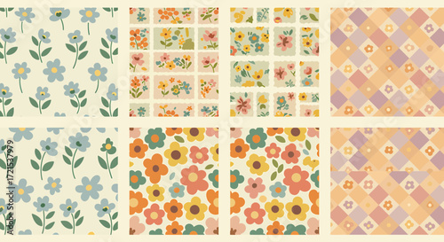 A collection of four seamless floral patterns and geometric designs in a retro, pastel color palette, featuring delicate blue flowers, vibrant retro flowers, and a checkerboard of diamond shapes