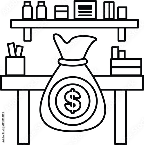 A white bag with a dollar sign on it sits on a desk
