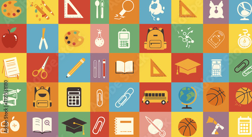 A diverse collection of flat design education and school supply icons arranged in a colorful grid, symbolizing learning, knowledge, and academic subjects