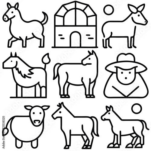 Collection of simple line art farm animals and building icons