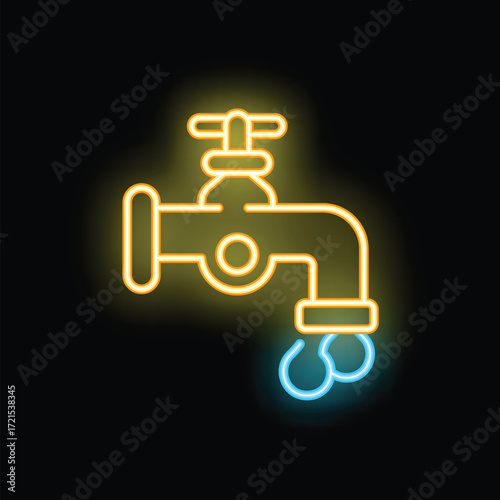 Glowing neon icon of a water faucet with two drops of water dripping, highlighting the issue of water waste