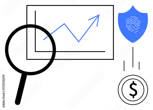 Magnifying glass inspecting upward graph for growth, blue shield with fingerprint for security, falling dollar sign coin for finance. Ideal for data analysis, security, growth, finance, research