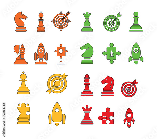 A collection of chess pieces targets rockets and puzzle pieces in various colors on a white background, A set of icons for business strategy: chess pawn, a compass, a target with an arrow, a puzzle pi