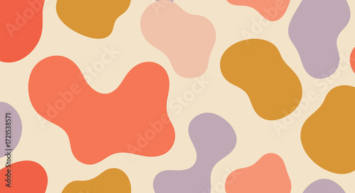Abstract organic shapes in a retro color palette, creating a playful and modern seamless pattern with a vintage feel, perfect for textile design, wallpaper, or digital backgrounds