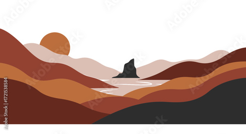 Abstract landscape with rolling hills and a sun in warm earthy tones, evoking a sense of calm and nature