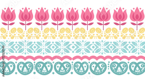 Folkloric floral and pretzel patterns border with pink tulips and teal accents