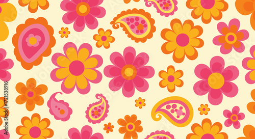 Retro Floral Pattern with Paisley Elements in Shades of Orange and Pink