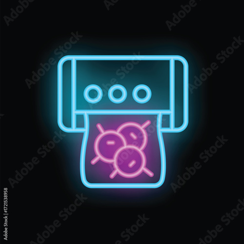 Neon vacuum sealer sealing food in plastic bag icon isolated on black background