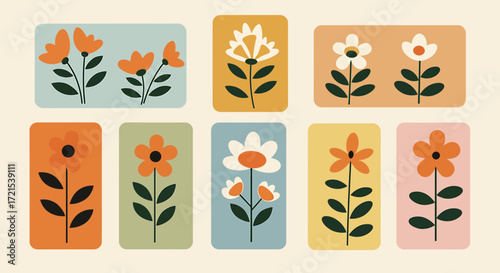 A collection of stylized, retroinspired floral illustrations in various warm and muted colors, set against soft pastel backgrounds, evoking a vintage aesthetic and a sense of natural beauty